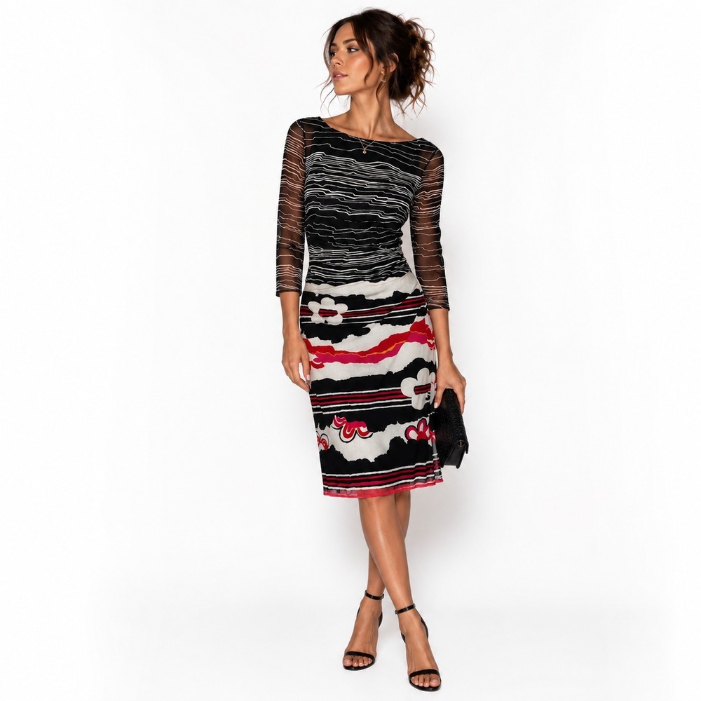 Kay Unger New York Dress Womens S Silk Blend Floral Ruched Midi Cocktail